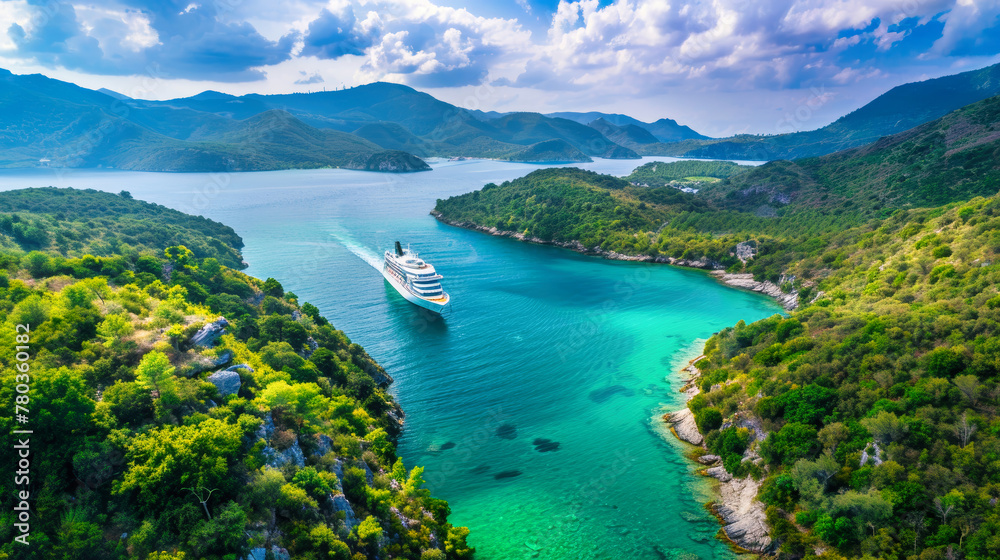 A cruise ship navigating through the ocean on a clear and sunny day in a tropical bay A cruise ship navigating through the ocean on a clear and sunny day in a tropical bay