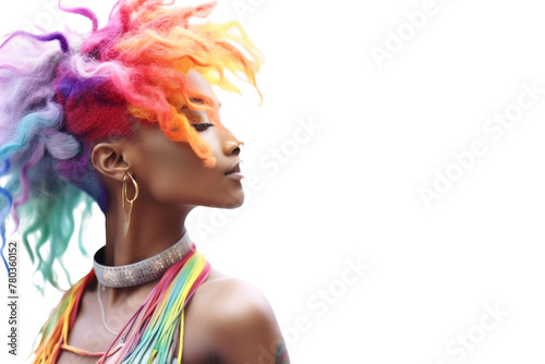 Non-binary person with rainbow hair Wear shiny jewelry. Dancing freely ,Isolated on a transparent background.