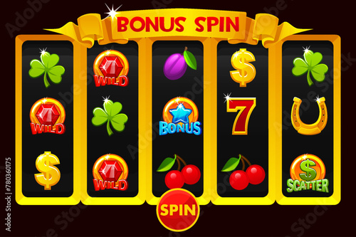 Slot machine with bonus spin on black background