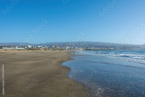 Sandy beach of Maspalomas with a view of the city on Gran Canaria  Spain