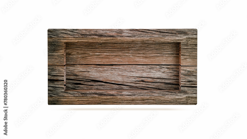3D Rendering, Realistic mock-up of  blank sign with old wooden texture, close-up and empty space, isolated on white background