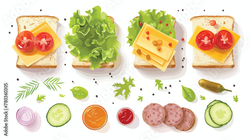 Exploded view of sandwich ingredients with cheese toma