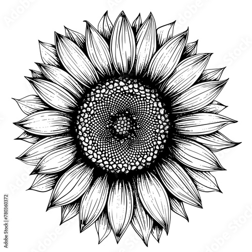 Detailed Black and White Sunflower Illustration
, Hand-drawn detailed illustration of a sunflower in black and white, suitable for prints and design elements.