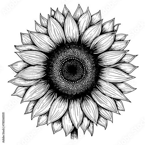 Detailed Black and White Sunflower Illustration
, Hand-drawn detailed illustration of a sunflower in black and white, suitable for prints and design elements.