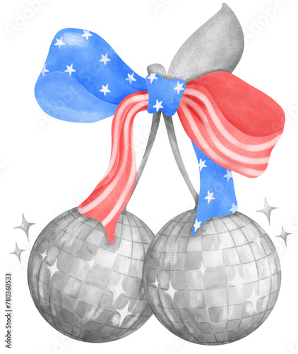 Groovy 4th of July Watercolor Illustration Disco Ball with Stars and Stripes Ribbon Bow