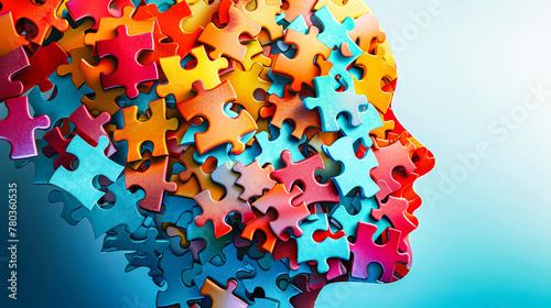 A human head is formed entirely out of vibrant, colorful puzzle pieces, showcasing creativity and uniqueness