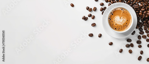heißer Espresso und Kaffeebohnen . Weißer Hintergrund. Ansicht von oben