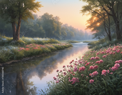 Pastoral Watercolor Scene with River and Flowering Banks