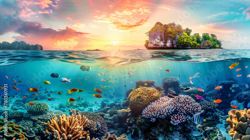 A shot underwater showcasing a vibrant coral reef with an island visible in the distance