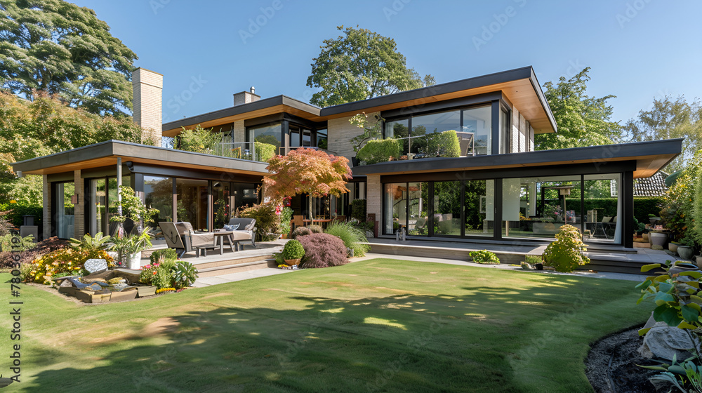 Beautiful contemporary white house with blue sky ,Entrance of a luxury house with a patio and beautiful landscaping on a bright, sunny day ,House with lawn and garden 

