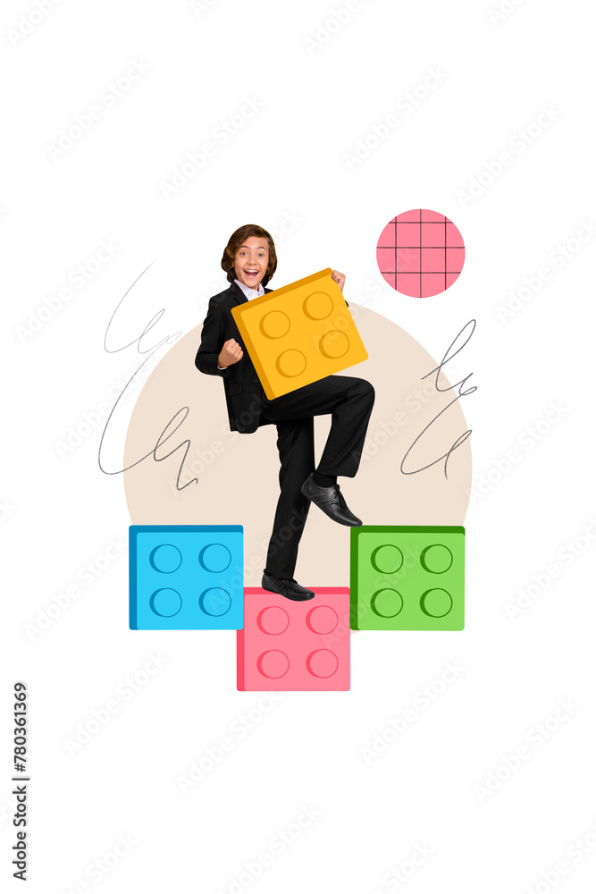 Fototapeta premium Creative drawing collage picture of excited funny schoolboy hold lego block celebrate victory build attention concentration solution