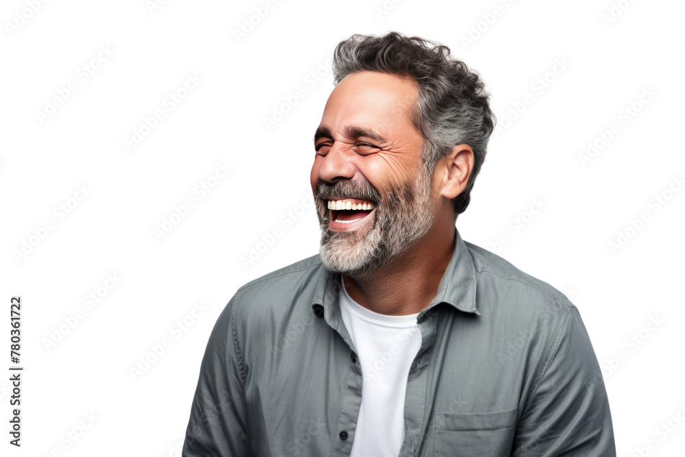 Fototapeta premium Middle-aged man making jokes Warm, relaxing atmosphere, Isolated on a transparent background.