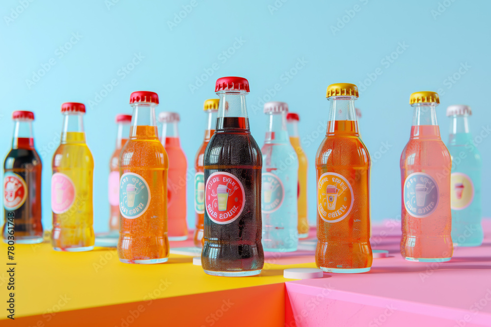 A vibrant collection of retro soda bottles with colorful labels on a multi-colored geometric background. - obrazy, fototapety, plakaty 