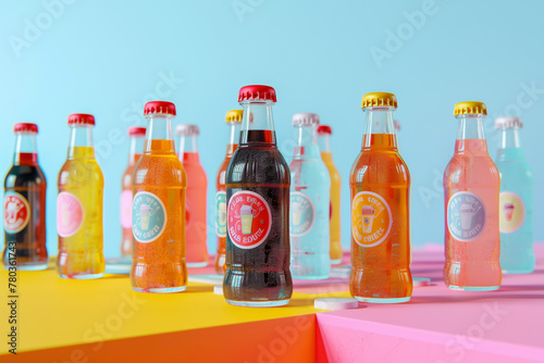 A vibrant collection of retro soda bottles with colorful labels on a multi-colored geometric background.