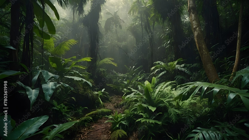 Exploring the Verdant Rainforest at Dawn, Tranquil Morning Scenes in the Rainforest, Morning Light Illuminating the Rainforest Canopy, Morning Walks Through the Serene Rainforest Landscape, Early Morn