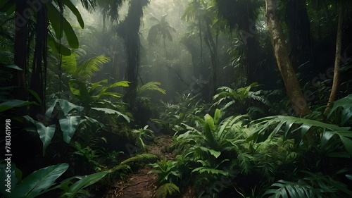 Exploring the Verdant Rainforest at Dawn, Tranquil Morning Scenes in the Rainforest, Morning Light Illuminating the Rainforest Canopy, Morning Walks Through the Serene Rainforest Landscape, Early Morn