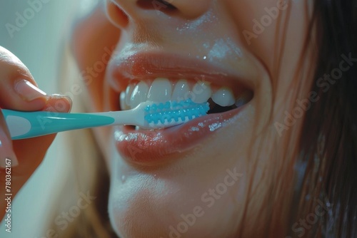 A woman is brushing her teeth with a blue toothbrush