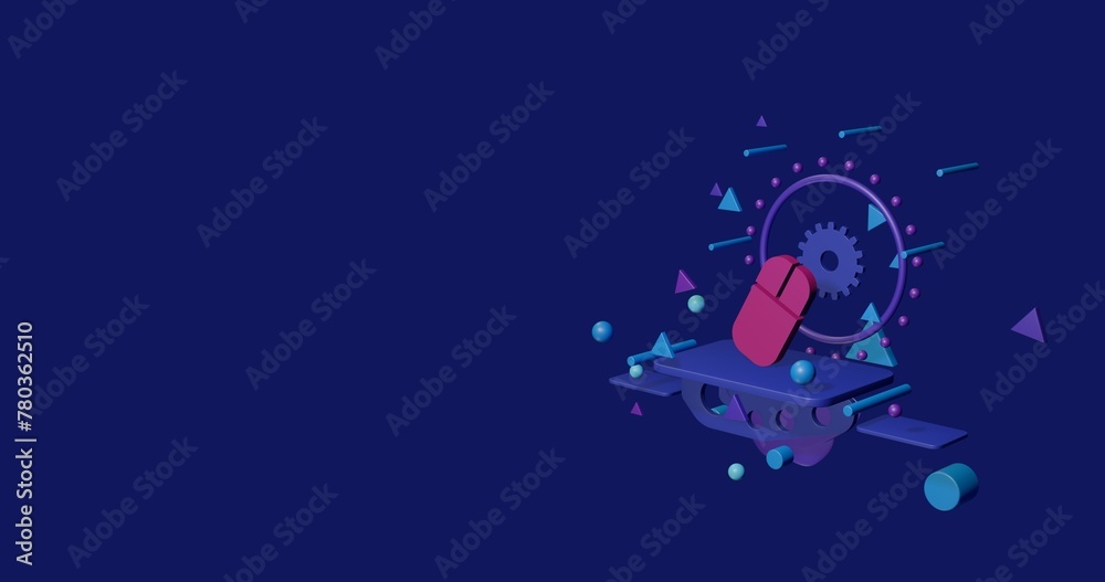 Fototapeta premium Pink computer mouse symbol on a pedestal of abstract geometric shapes floating in the air. Abstract concept art with flying shapes on the right. 3d illustration on indigo background