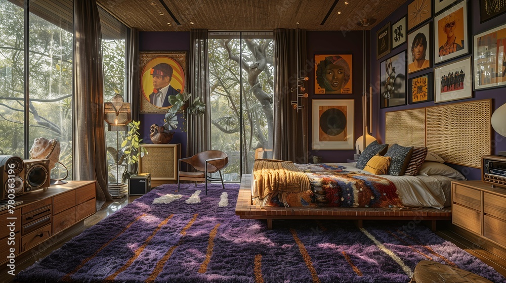 Fototapeta premium Stylish Retro Bedroom Interior with Large Window and Artwork