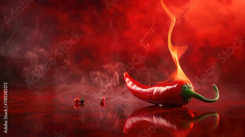 A fiery red chili with a crimson backdrop  reflections  smoke  and copy space that would be ideal for an article or graphic design red hot chilli pepper in flames
