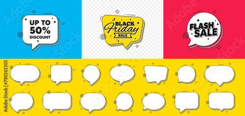 Flash sale chat speech bubble. Up to 50 percent discount. Sale offer price sign. Special offer symbol. Save 50 percentages. Discount tag chat message. Black friday speech bubble banner. Vector