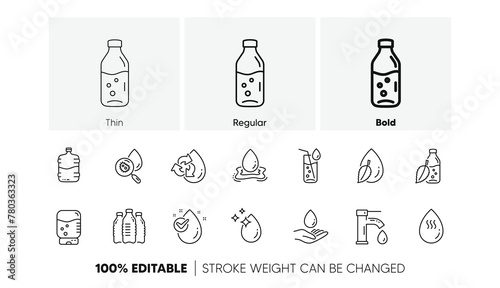 Bottle, Antibacterial filter and Tap water. Water drop line icons. Clean water linear icon set. Line icons set. Vector