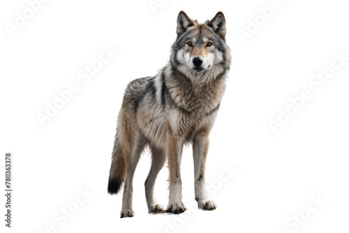  furry gray wolf Standing on a mountain  looking into the distance  Isolated on white background