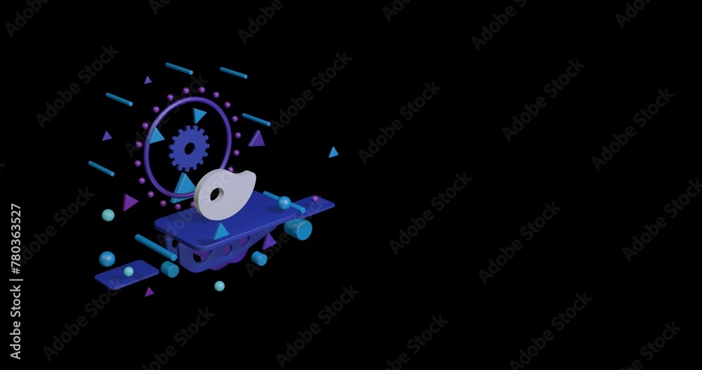 White steak symbol on a pedestal of abstract geometric shapes floating in the air. Abstract concept art with flying shapes on the left. 3d illustration on black background