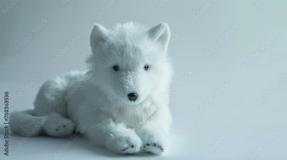 Plush toy wolf with fluffy white fur designed as a soft and cute animal plaything