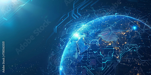 A blue gradient background with a digital globe earth and circuit board elements  representing global network technology.   futuristic conection world