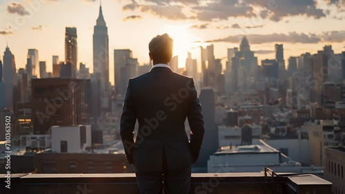 A man in a business suit stands on a rooftop his back to the camera as he takes in the bustling city skyline. He looks pensive and . . photo