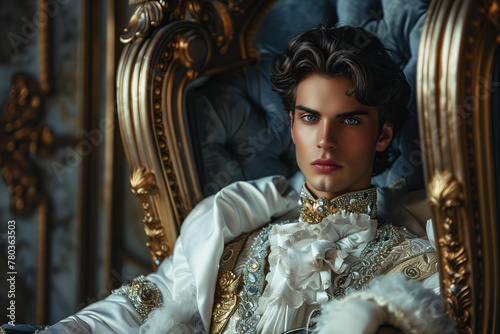 attractive masculine dark hair, blue eyes young man, he is  prince or king  with sensitive gaze, wearing crown, sitting on the throne, fictional character, romantic, fantasy historical book photo