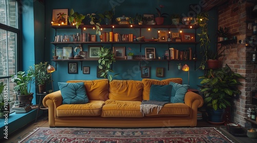 Cozy Living Room Interior with Yellow Sofa and Bookshelves
