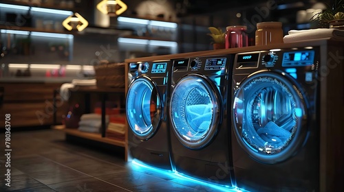 3D rendering of two futuristic washing machines with holographic displays and blue lights