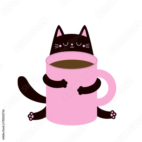 Cat holding pink coffee tea cup. Happy Valentines Day. Black kitten. Good morning. Paws hand. Cute cartoon funny baby animal pet character. Love greeting card. Flat design. White background. Vector
