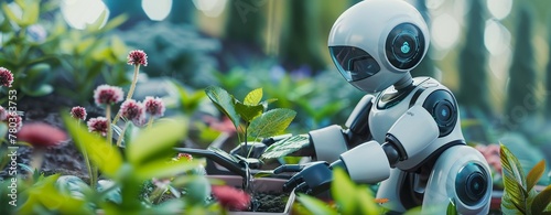 A friendly robot with a caring touch watering plants in a lush home garden, blending technology and nature.