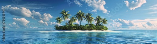 A small deserted island with lush palm trees surrounded by the expansive ocean under a blue sky with fluffy clouds.