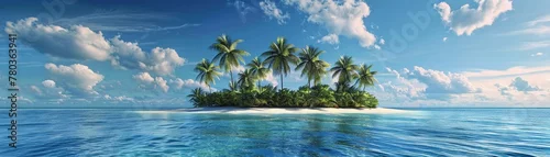 Panel kuchenny z motywem A small deserted island with lush palm trees surrounded by the expansive ocean under a blue sky with fluffy clouds.
