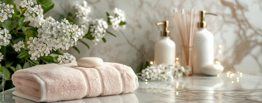 Chic bathroom setting with luxurious toiletries and fresh flowers, offering a sense of pampering and relaxation.