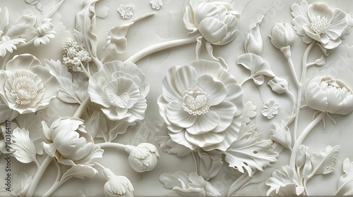 An intricate white bas-relief sculpture of flowers on a wall © Creative_Bringer