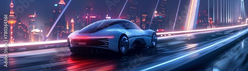 Sleek and modern autonomous concept car driving across a city bridge