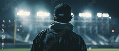 The back of a baseball player looking towards the stadium lights on the field