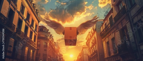 Surreal scene of a flying box with wings soaring through a city street at sunset