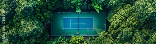 Top-down view of a secluded tennis court surrounded by lush green trees photo