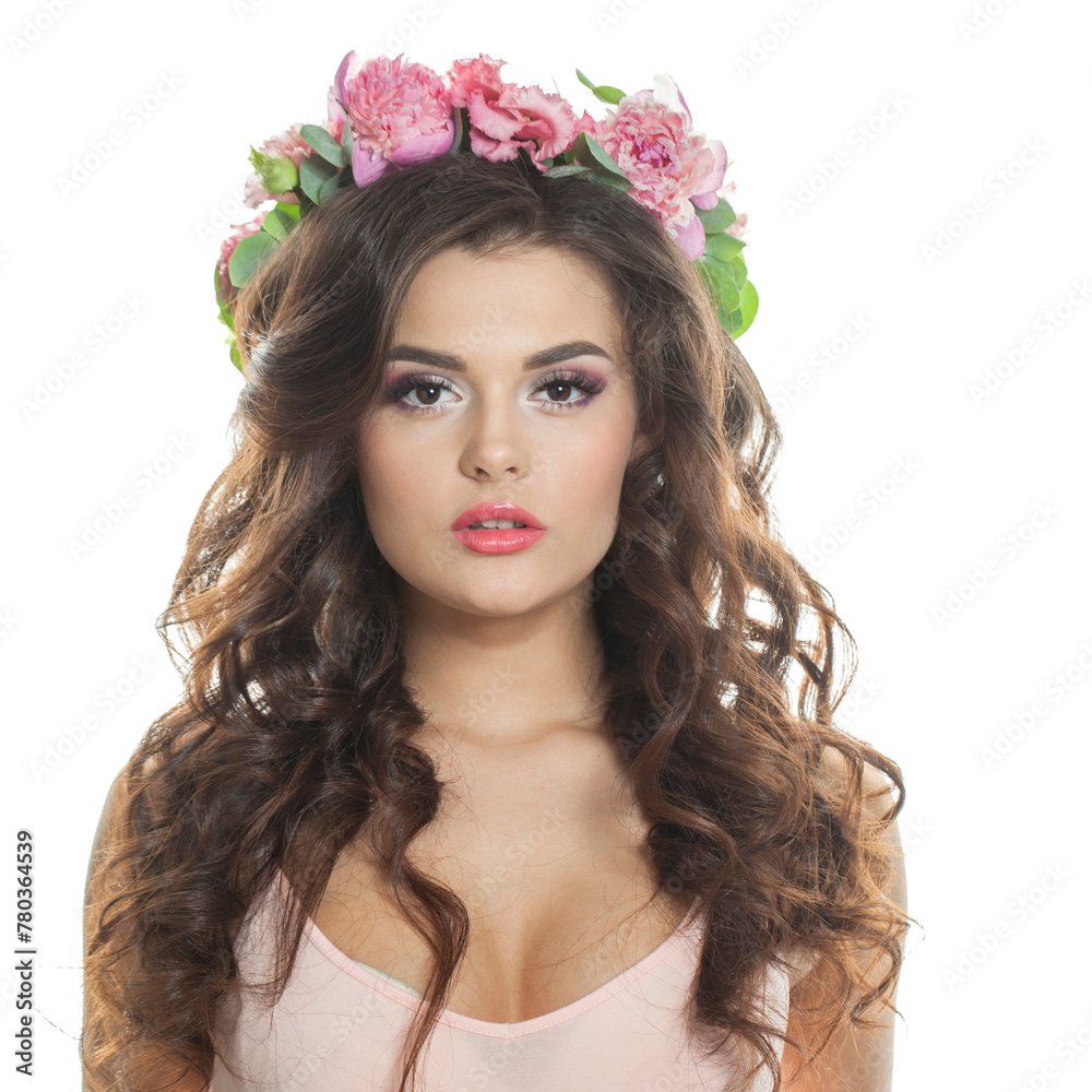 Isolated healthy woman with clean fresh skin, wavy long hair and flower wreath, beauty portrait