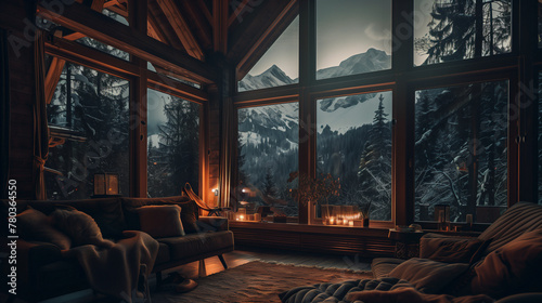 An interior of a house with big windows, forest and ice mountains outside the windows, night scene © Jirut