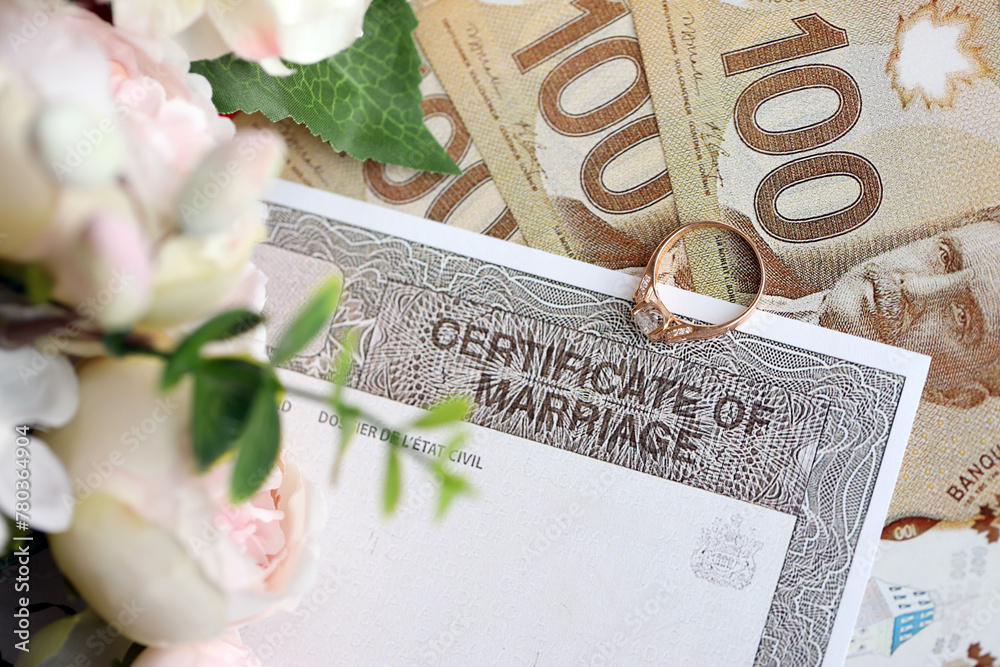 Obraz premium Canadian Certificate of registration of marriage blank document and wedding ring with canadian dollars close up