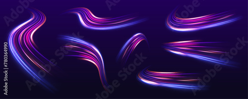 Speed connection vector background. A large set of low-poly designs made of thin lines in the form of branches, spirals and arcs. Light and stripes moving fast over dark background.	