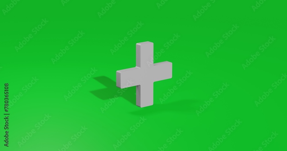 Fototapeta premium Isolated realistic white plus symbol front view with shadow. 3d illustration on green chroma key background