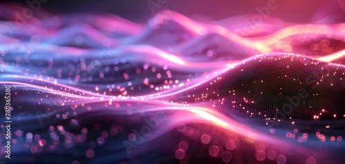 beautiful abstract wave technology background. Abstract Waving Particle Technology Background Design. Data science, particles, digital world, virtual reality, cyberspace, metaverse concept. © Koplexs-Stock